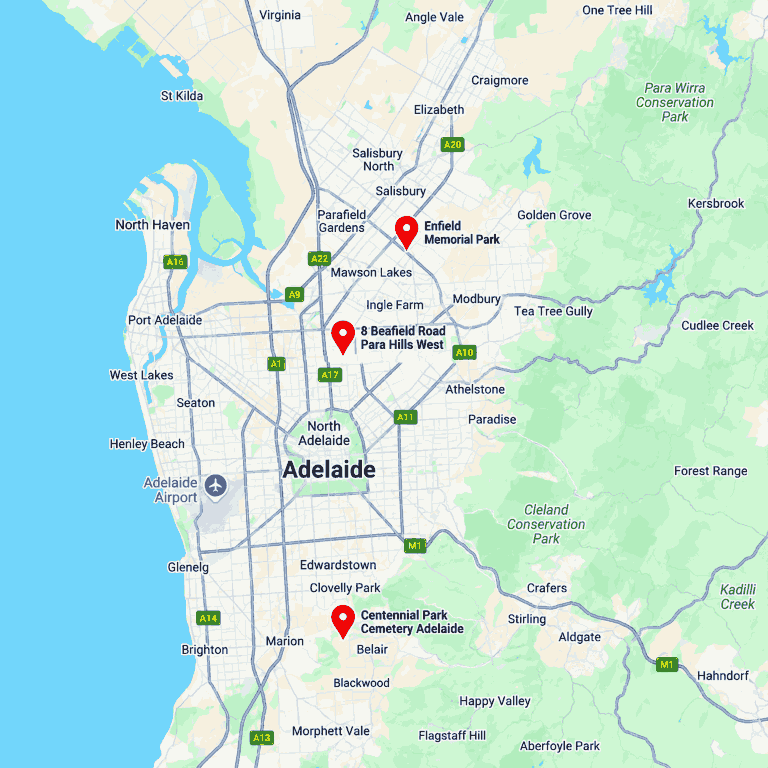 Map showing Signature Funeral Services, Enfield Memorial Park and Centennial Park in Adelaide